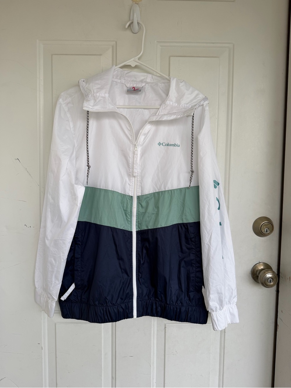 Columbia White Blue Green Color Block Hooded Windbreaker Jacket size M
